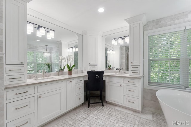 12429 Nicholas Ln, Saint Louis, MO 63131 - bathroom with vanity, a freestanding tub, a shower, and recessed lighting