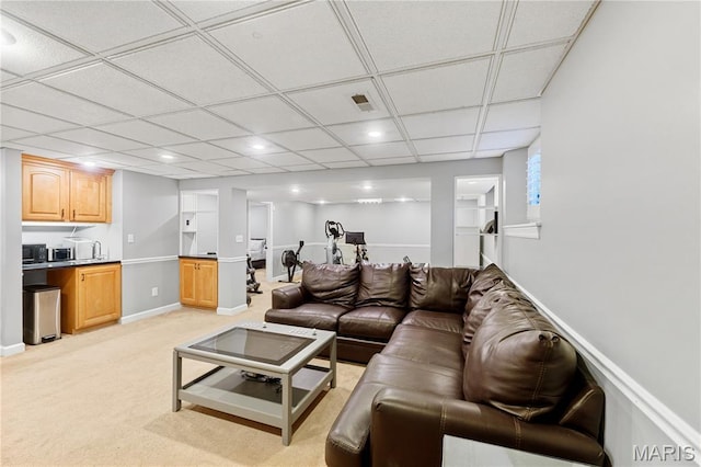 12429 Nicholas Ln, Saint Louis, MO 63131 - living room featuring wet bar, recessed lighting, light colored carpet, and a drop ceiling