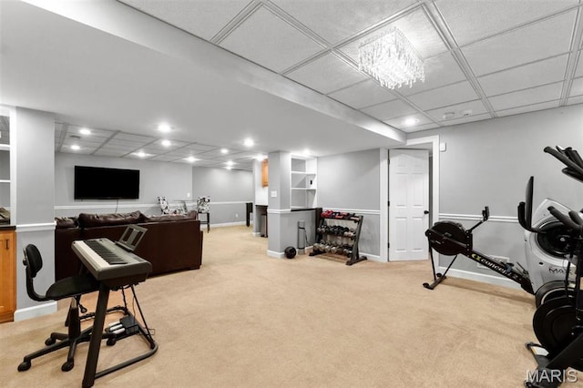 12429 Nicholas Ln, Saint Louis, MO 63131 - exercise room with light colored carpet, a paneled ceiling, and recessed lighting