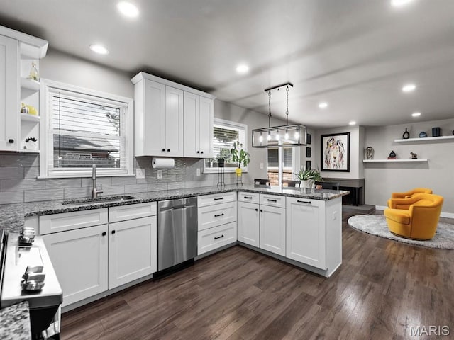 1201 Cheverly Ct, Saint Louis, MO 63146 - kitchen featuring dishwasher, a peninsula, recessed lighting, white cabinets, and dark wood-style flooring