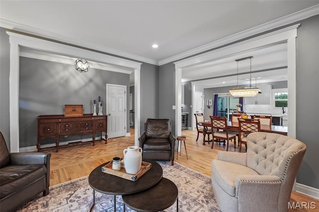 17108 Windsor Crest Blvd, Wildwood, MO 63038 - living area with ornamental molding, recessed lighting, and light wood-type flooring