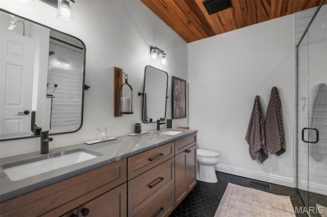 17108 Windsor Crest Blvd, Wildwood, MO 63038 - full bath with double vanity, a shower stall, and wood ceiling
