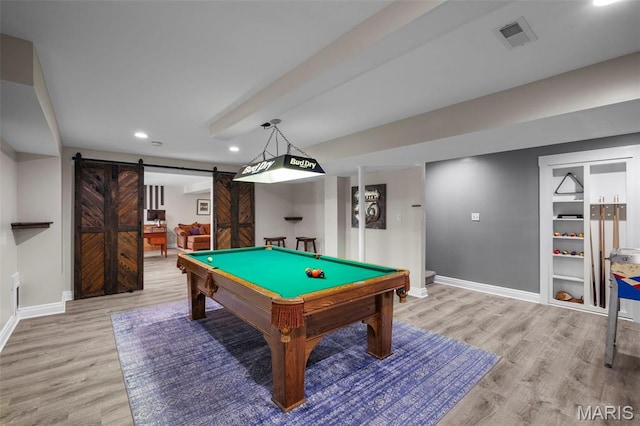 17108 Windsor Crest Blvd, Wildwood, MO 63038 - rec room with a barn door, wood finished floors, recessed lighting, and billiards table