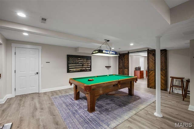 17108 Windsor Crest Blvd, Wildwood, MO 63038 - playroom with a barn door, light wood-style flooring, recessed lighting, and billiards