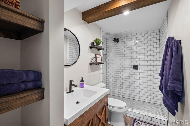 17108 Windsor Crest Blvd, Wildwood, MO 63038 - bathroom featuring vanity, beam ceiling, and tiled shower