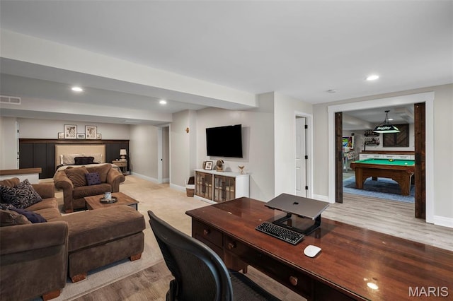 17108 Windsor Crest Blvd, Wildwood, MO 63038 - living area with billiards, light wood-type flooring, and recessed lighting
