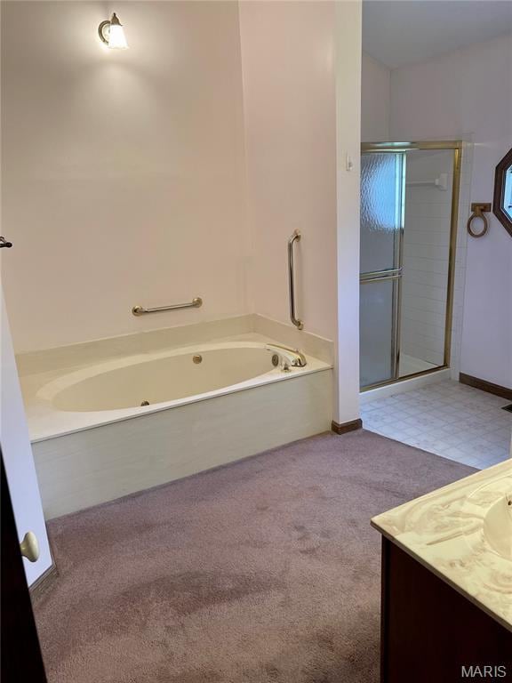 12020 Jacobson Ct, Saint Louis, MO 63044 - full bathroom with a stall shower, a bath, carpet floors, and vanity