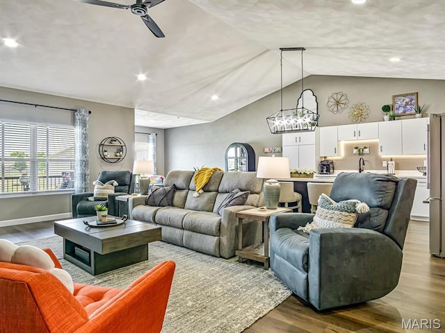 714 Applewood Creek Dr, Fairview Heights, IL 62208 - living area featuring wood finished floors, ceiling fan, vaulted ceiling, and recessed lighting