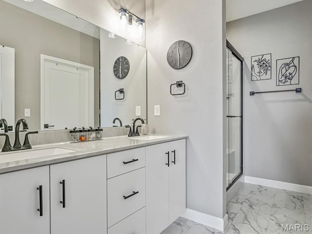 714 Applewood Creek Dr, Fairview Heights, IL 62208 - full bath featuring marble finish floors, double vanity, and a stall shower