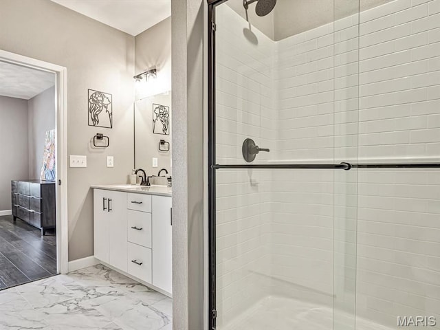 714 Applewood Creek Dr, Fairview Heights, IL 62208 - full bath featuring a shower stall, vanity, and marble finish flooring