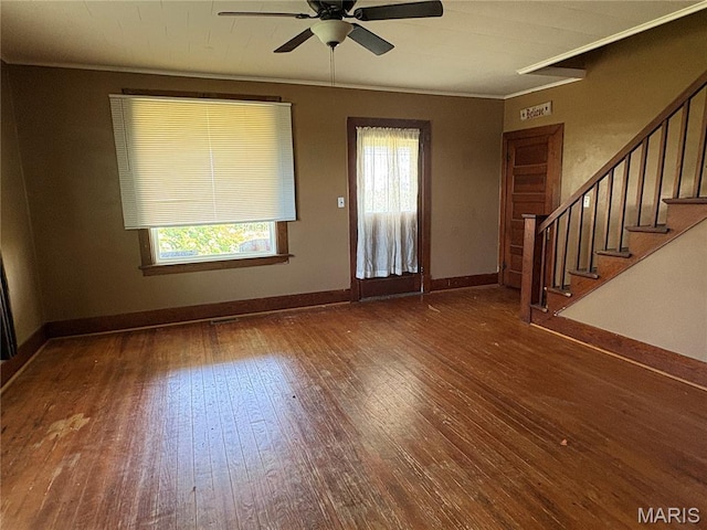 98 SW 200th Ave, Carrollton, IL 62016 - entrance foyer featuring ornamental molding, hardwood / wood-style floors, a ceiling fan, plenty of natural light, and stairs