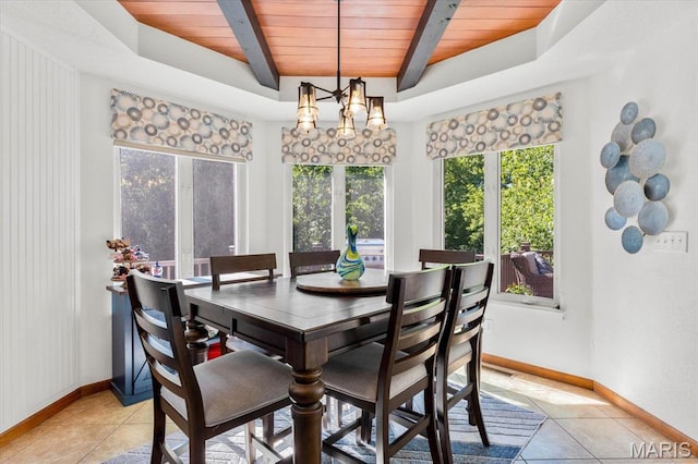 218 W Stonybrook Dr, Ofallon, IL 62269 - dining space featuring a wooden ceiling with exposed beams, light tile patterned floors, and a chandelier