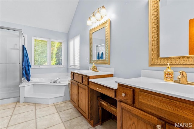 218 W Stonybrook Dr, Ofallon, IL 62269 - full bathroom with a shower stall, vanity, lofted ceiling, a garden tub, and tile patterned floors