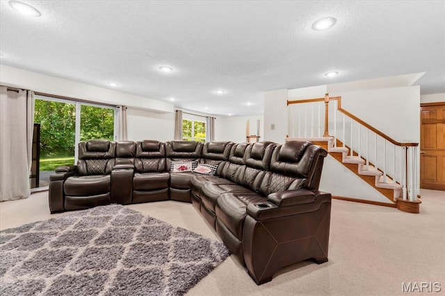 218 W Stonybrook Dr, Ofallon, IL 62269 - living room with light carpet, a textured ceiling, recessed lighting, and stairway
