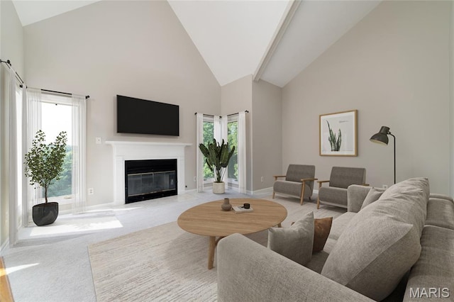 1632 Lake Knoll Dr Unit 1P, Lake St Louis, MO 63367 - living room featuring high vaulted ceiling, a glass covered fireplace, and light colored carpet