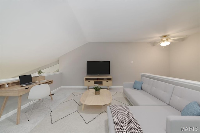 1632 Lake Knoll Dr Unit 1P, Lake St Louis, MO 63367 - living room featuring lofted ceiling, an office area, carpet, and a ceiling fan