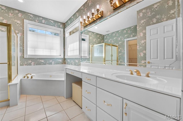 1805 Lincoln Knolls Dr, Edwardsville, IL 62025 - bathroom featuring wallpapered walls, vanity, tile patterned flooring, a stall shower, and a garden tub