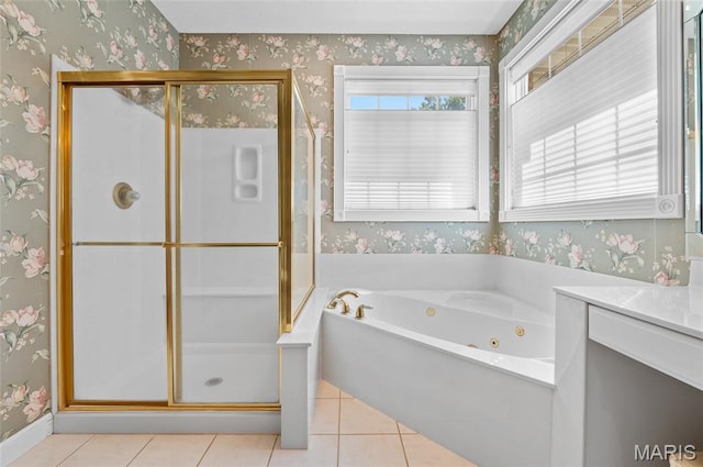 1805 Lincoln Knolls Dr, Edwardsville, IL 62025 - full bath featuring wallpapered walls, a stall shower, a whirlpool tub, tile patterned floors, and vanity
