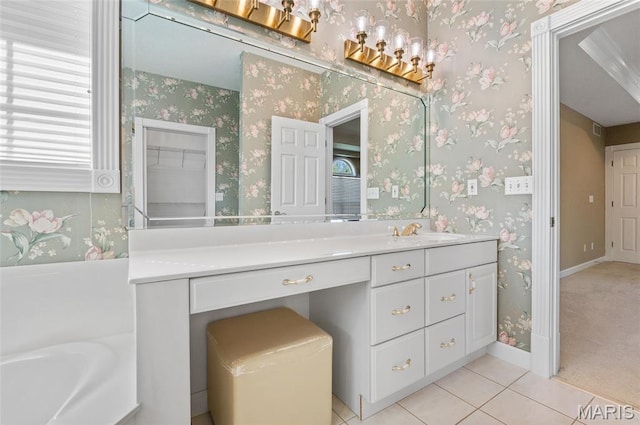 1805 Lincoln Knolls Dr, Edwardsville, IL 62025 - full bath with wallpapered walls, vanity, tile patterned floors, a chandelier, and a bath