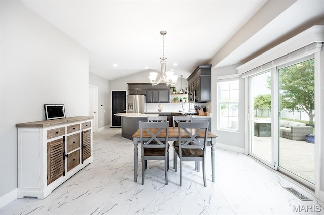 804 Cardiff Ct, Ofallon, IL 62269 - dining room featuring a chandelier, light marble finish floors, lofted ceiling, and recessed lighting