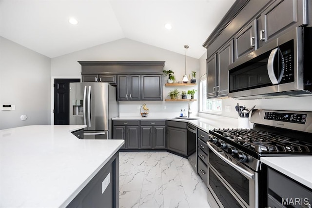 804 Cardiff Ct, Ofallon, IL 62269 - kitchen featuring appliances with stainless steel finishes, vaulted ceiling, light countertops, light marble finish floors, and open shelves