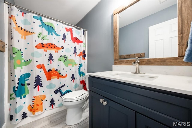 804 Cardiff Ct, Ofallon, IL 62269 - bathroom featuring vanity, curtained shower, and wood finished floors