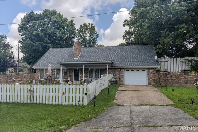 106 Red Bud Cir, Saint Robert, MO 65584 - view of front of house featuring concrete driveway, a porch, a fenced front yard, an attached garage, and a shingled roof