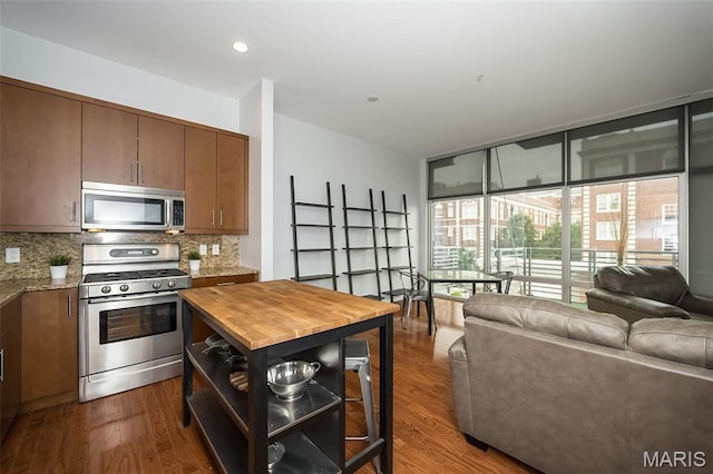 9 N Euclid Ave Unit 509, Saint Louis, MO 63108 - kitchen featuring stainless steel appliances, backsplash, dark wood-style flooring, and open floor plan