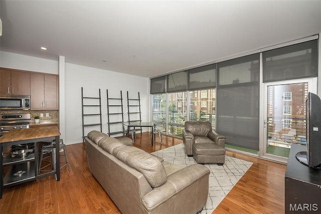 9 N Euclid Ave Unit 509, Saint Louis, MO 63108 - living area featuring wood finished floors, expansive windows, and recessed lighting