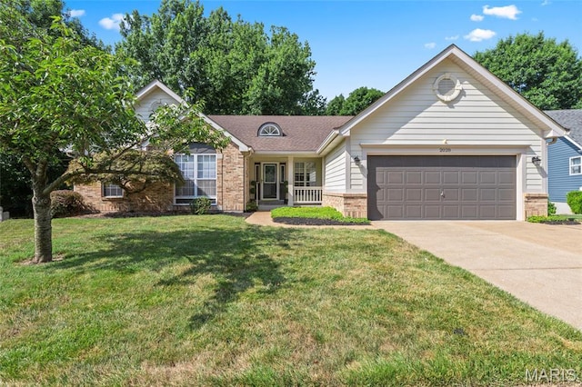 2028 During Dr, Arnold, MO 63010 - ranch-style house with brick siding, an attached garage, concrete driveway, a front lawn, and a shingled roof