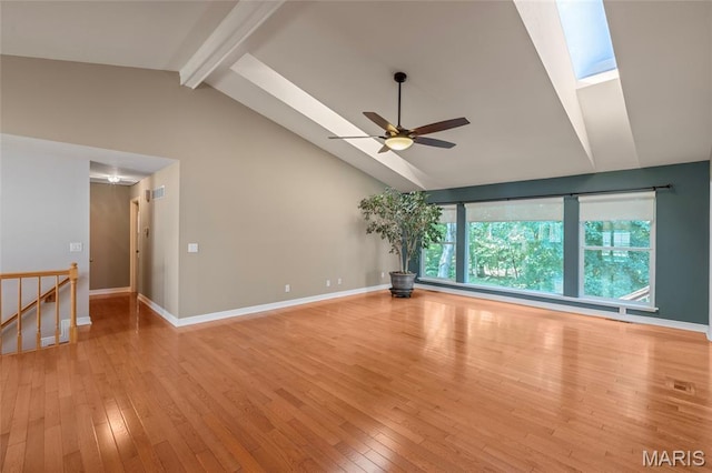 2028 During Dr, Arnold, MO 63010 - unfurnished room featuring beam ceiling, ceiling fan, wood-type flooring, a skylight, and high vaulted ceiling
