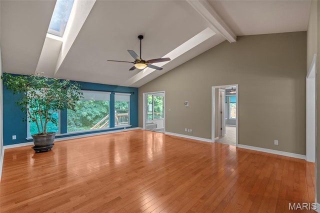 2028 During Dr, Arnold, MO 63010 - unfurnished living room with a skylight, beamed ceiling, a ceiling fan, hardwood / wood-style flooring, and high vaulted ceiling