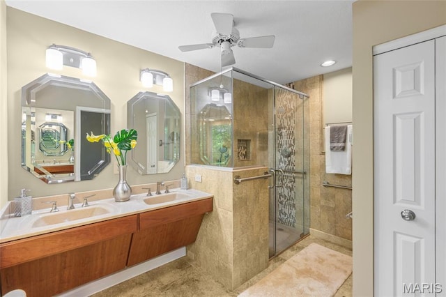2028 During Dr, Arnold, MO 63010 - bathroom featuring a shower stall, double vanity, a ceiling fan, and tile patterned flooring