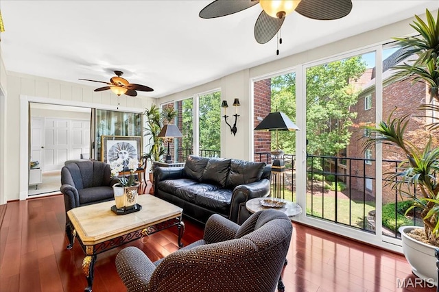 14308 Conway Meadows Ct Unit 203, Chesterfield, MO 63017 - living room featuring a ceiling fan and wood-type flooring