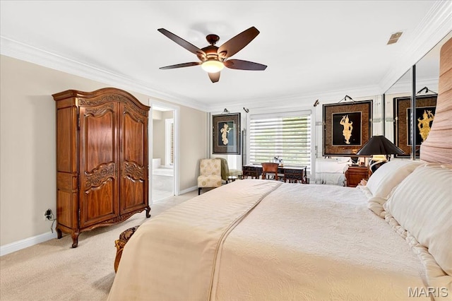 14308 Conway Meadows Ct Unit 203, Chesterfield, MO 63017 - bedroom featuring ornamental molding, light carpet, a ceiling fan, and ensuite bathroom