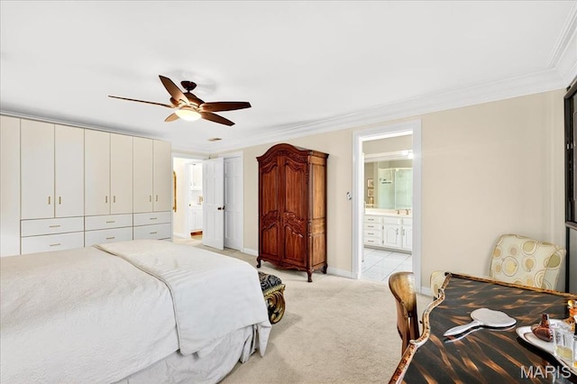 14308 Conway Meadows Ct Unit 203, Chesterfield, MO 63017 - bedroom with light colored carpet, crown molding, ensuite bath, and ceiling fan
