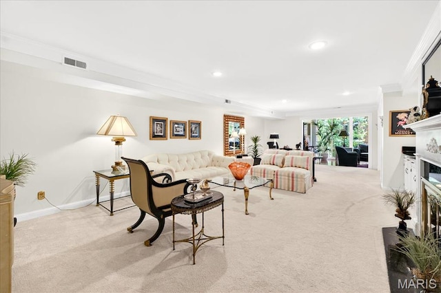 14308 Conway Meadows Ct Unit 203, Chesterfield, MO 63017 - living area featuring carpet floors, recessed lighting, a fireplace with flush hearth, and crown molding