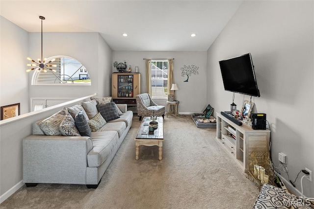 101 Shiloh Ridge Dr, Shiloh, IL 62221 - carpeted living room with a chandelier, lofted ceiling, and recessed lighting
