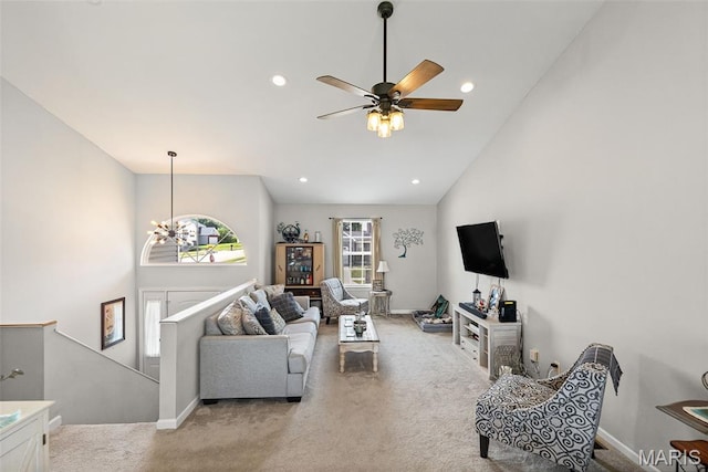 101 Shiloh Ridge Dr, Shiloh, IL 62221 - living room with light colored carpet, ceiling fan, recessed lighting, and high vaulted ceiling