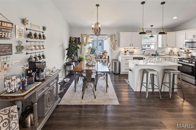 101 Shiloh Ridge Dr, Shiloh, IL 62221 - kitchen with stainless steel appliances, lofted ceiling, a center island, dark wood-style floors, and a kitchen breakfast bar