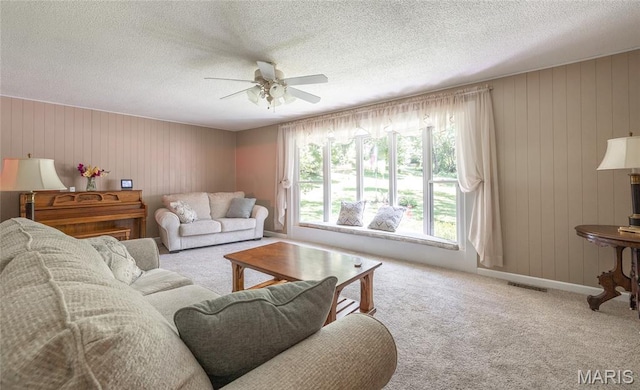 15550 US Highway 63, Rolla, MO 65401 - living room with carpet, ceiling fan, wooden walls, and a textured ceiling