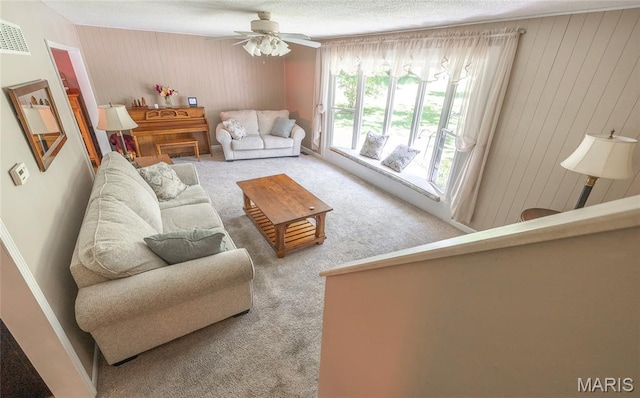 15550 US Highway 63, Rolla, MO 65401 - living area with carpet flooring, ceiling fan, wooden walls, and a textured ceiling