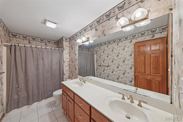 67 High Trails Dr, Eureka, MO 63025 - full bath featuring double vanity, wallpapered walls, tile patterned floors, and shower / tub combo with curtain