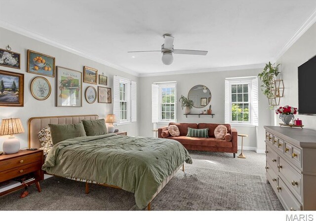 1855 Grassy Ridge Rd, Kirkwood, MO 63122 - bedroom with light colored carpet, multiple windows, crown molding, and ceiling fan