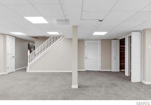 1855 Grassy Ridge Rd, Kirkwood, MO 63122 - finished basement featuring carpet, a paneled ceiling, and stairs