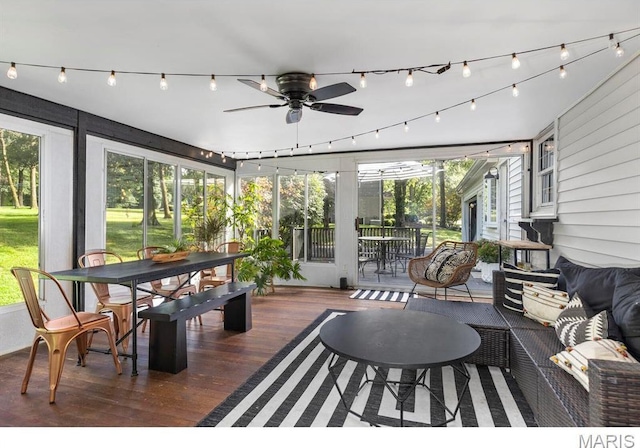 1855 Grassy Ridge Rd, Kirkwood, MO 63122 - sunroom / solarium with outdoor dining area, ceiling fan, and healthy amount of natural light