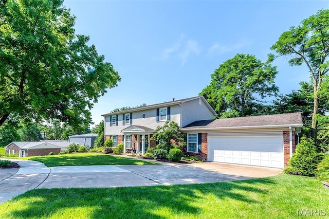 2211 Viewroyal Dr, Des Peres, MO 63131 - view of front of home featuring driveway, brick siding, an attached garage, and a front yard