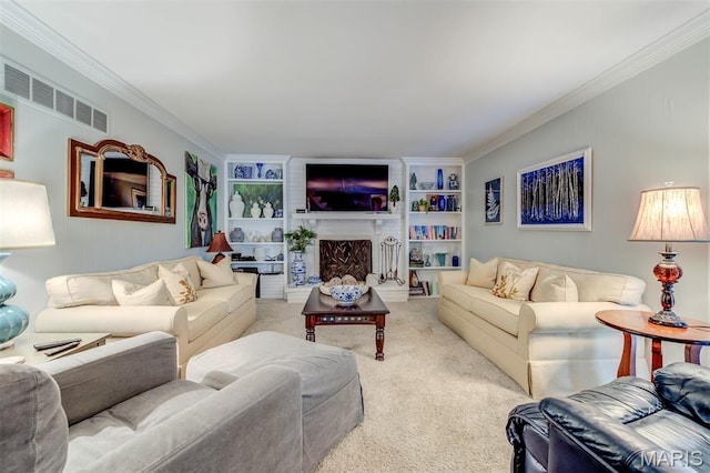2211 Viewroyal Dr, Des Peres, MO 63131 - carpeted living area with crown molding, built in features, and a fireplace with raised hearth