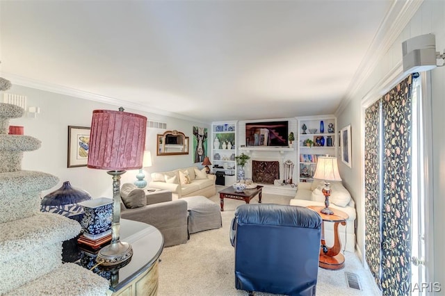 2211 Viewroyal Dr, Des Peres, MO 63131 - living area with ornamental molding, carpet, built in features, and a fireplace with raised hearth