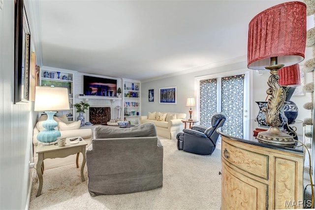 2211 Viewroyal Dr, Des Peres, MO 63131 - carpeted living room featuring ornamental molding and a fireplace